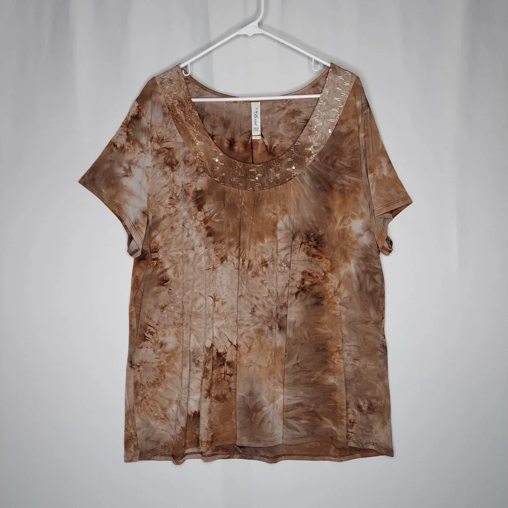 LA Blues Y2K Vtg Top Women 26/28 Brown Sequin Short Sleeve Forest Fairy‎ Grunge